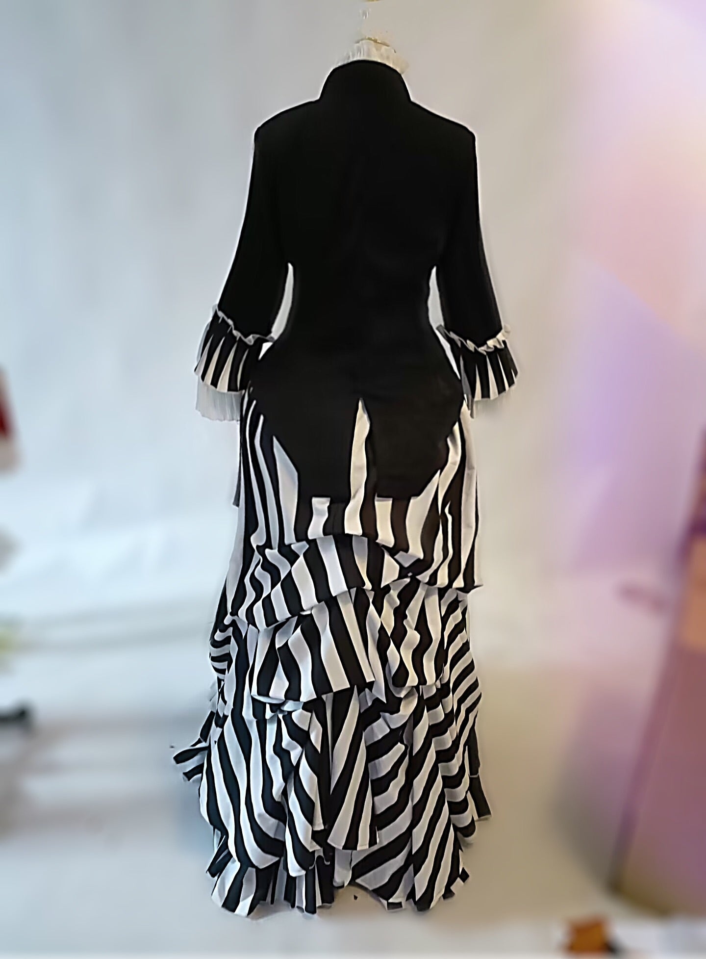 Black White Striped  Bustle Dress