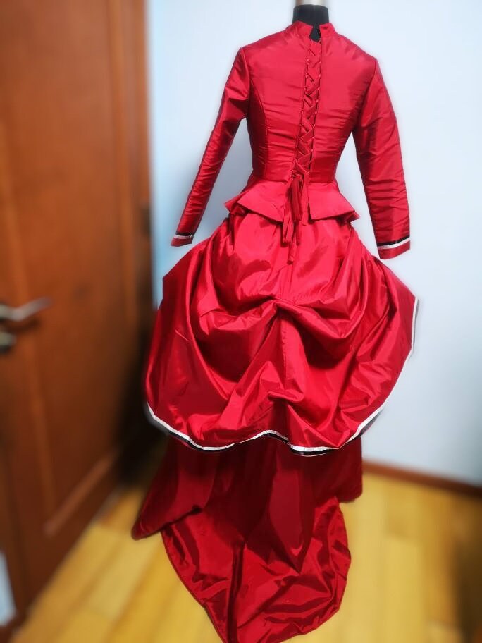 
                  
                    Victorian dress, Red  satin Victorian dress, bustle dress, Gilded Cage Dress, Victoriana,Civil War Dress, Dickens Dress
                  
                