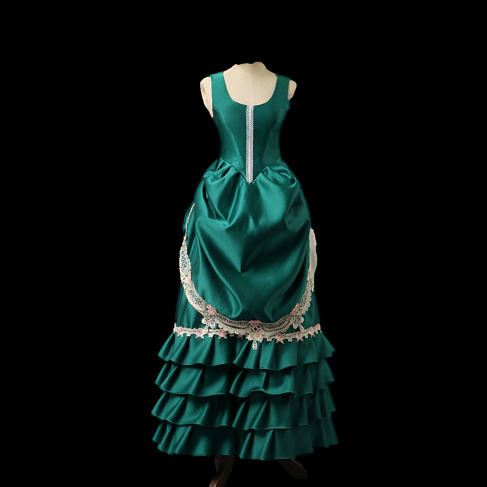 
                  
                    Green satin Victorian dress,  Victorian costume , bustle dress, Victorian bustle dress, bustle era dress,
                  
                