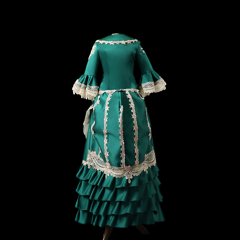 
                  
                    Green satin Victorian dress,  Victorian costume , bustle dress, Victorian bustle dress, bustle era dress,
                  
                