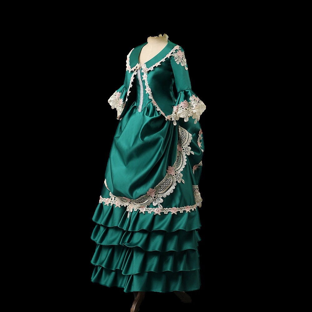 
                  
                    Green satin Victorian dress,  Victorian costume , bustle dress, Victorian bustle dress, bustle era dress,
                  
                