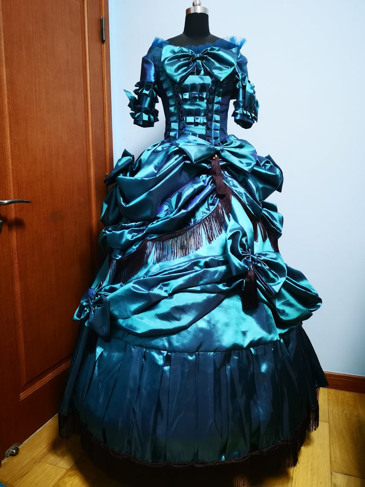 
                  
                    Victorian dress,Blue satin Victorian dress, bustle dress, Gilded Cage Dress, Victoriana,Civil War Dress, Dickens Dress
                  
                