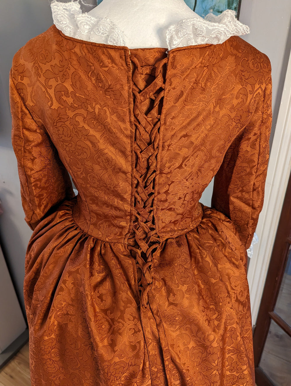 victorian brown dress Victorian Plaid High-Neck Lace Trim Dress