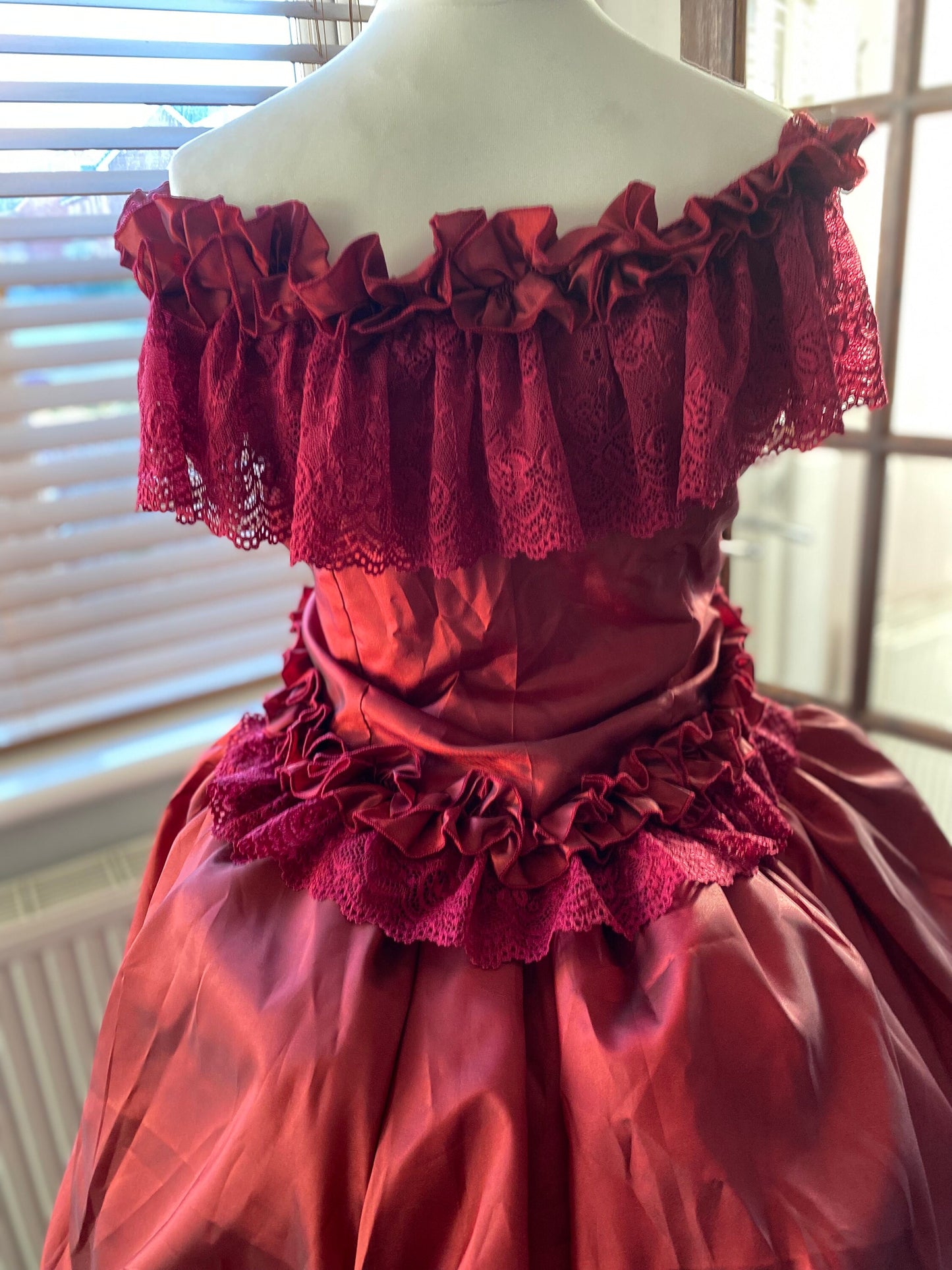 red bustle dress Vintage Dark Red Off-Shoulder Victorian Bustle Victorian style prom dress with Ruched Detailing